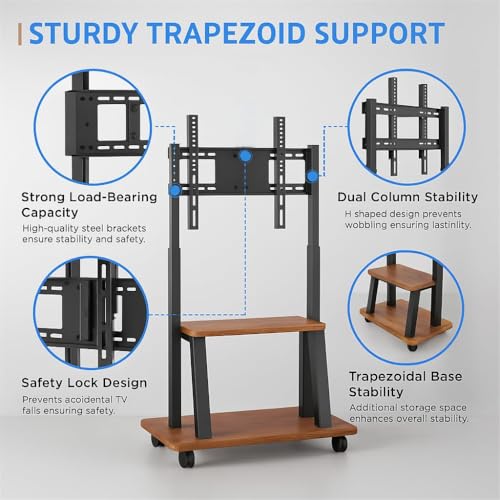 DIOOSN Walnut Rolling TV Stand for 32-80 inch TVs with Built-In Power Outlet