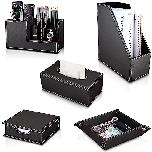 KINGFOM 5 PCS/SET Pu Leather Desk Organizer File Holder Accessories, Magazine Storage Rack+Desktop Pen&Pencil Holder+Tissue Box Cover+Leather Jewelry Accessories Tray