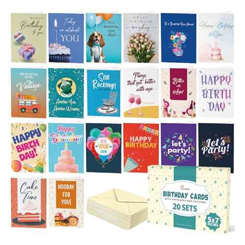 20 Pack Assorted Birthday Cards with Envelopes ? Large 5 x 7 in, Happy Birthday Cards Bulk with Greetings Inside, Boxed Set with Cute, Funny Designs for Women, Men, Adults