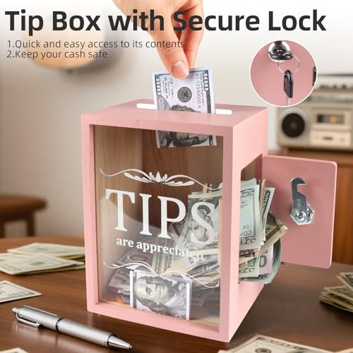 Yamahiko Wooden Tip Collection Box with Lock - Coin & Donation Jar, Pink