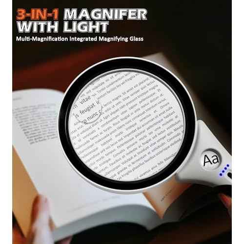 Rechargeable Magnifying Glass with Light - Recant 10X 20X 45X Illuminated Magnifier Handheld Lighted Magnifying Glasses with 18LED Cold & Warm Light 3 Modes for Seniors Reading Close Work