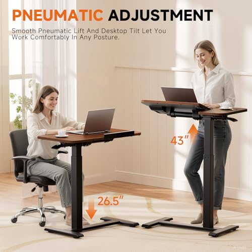 Walnut Tiltable Mobile Standing Desk with Pneumatic Height Adjustment & Wheels