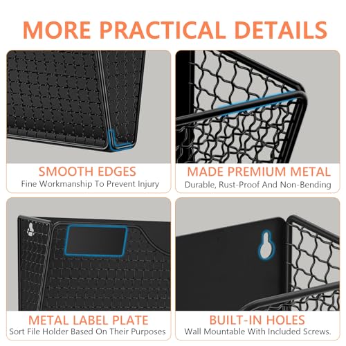 MFTEK Magnetic File Holder, 4 Pockets Magnetic File Folder Holder No Drilling Magnet Paper Mail Organizer Magazine Basket, Hanging Wall Storage Rack for Fridge Cabinets Office Classroom