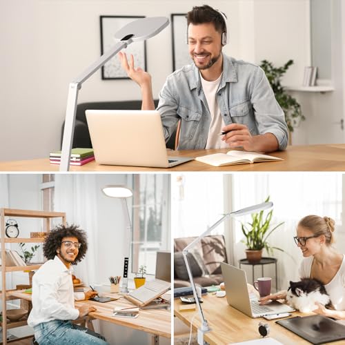 LED Desk Lamp for Home Office, 15W Desk Light with C- Clamp, Swing Arm, Memory & Timer Function, 1200LM Dimmable Computer Light for Video Calls, Conference, Study (White-Clamp)