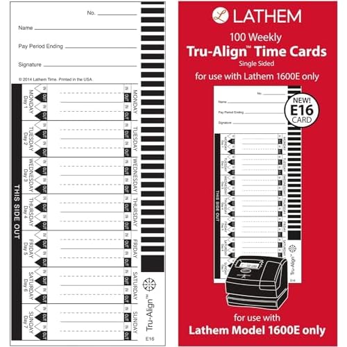 Lathem TruAlign E16 Time Cards for 1600E, Weekly, 1-Sided, 4" x 9", White, Box of 100, (E16-100)