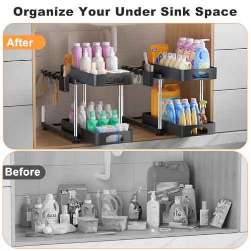 Under Sink Organizer, Under Kitchen Sink Organizer, Height Adjustable Bathroom Cabinet Organizers and Storage, 2 Tier Pull-Out Multi-Purpose Organizer for Bathroom Kitchen Cabinet, Black, 2 Pack