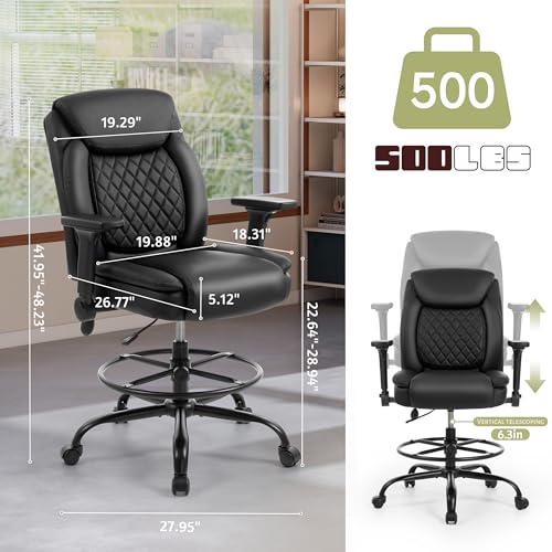 Sofayonn Drafting Chair Black with Flip-Up Armrests, Adjustable Foot Ring & Inflatable Lumbar Support - Tall Executive Task Stool