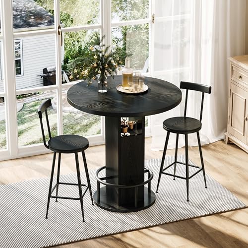 Hosnnile 3-Piece Round Bar Table Set with Storage, 31.5" Dining Table & 2 Bar Stools, Modern Farmhouse Kitchen