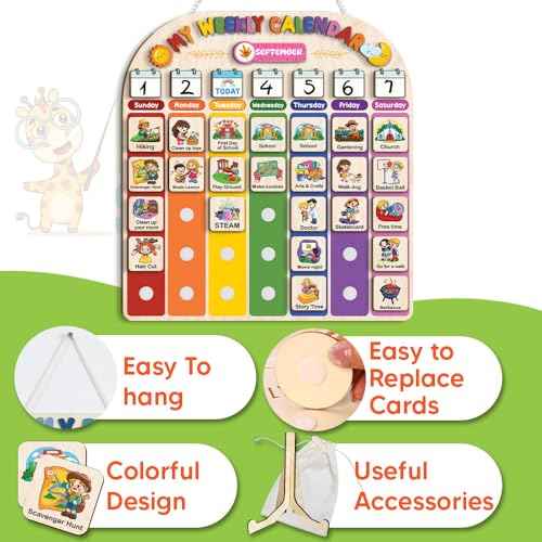 Wooden Weekly Calendar for Kids, Kids Weekly Planner, Large Week's Routine 15x16 inch 194 Cards, Daily Weekly Routine for Boys Girls Age 3+