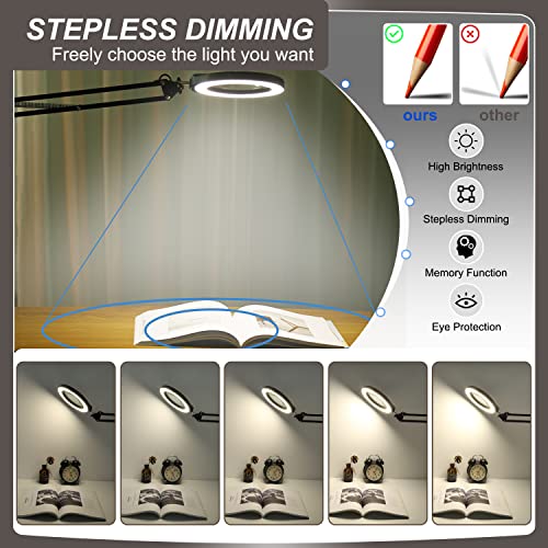 VEEMAGNI 5 Inch Large Magnifying Glass with Light and Stand, 5 Color Modes Stepless Dimmable, Long Swivel Arm LED Clamp Desk Lamp, Hands Free 10X Lighted Magnifier for Close Work Craft Hobby Soldering