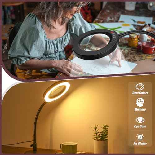 10X Magnifying Glass with Light and Stand, 5 Color Modes Stepless Dimmable LED Lighted Desk Lamp, Hands Free Flexible Gooseneck Magnifier with Light for Craft Hobby Painting Sewing Close Work