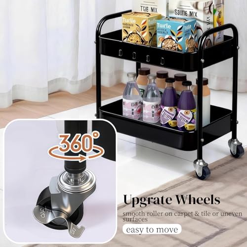 Black 2-Tier Metal Rolling Utility Cart with Handle & Lockable Wheels