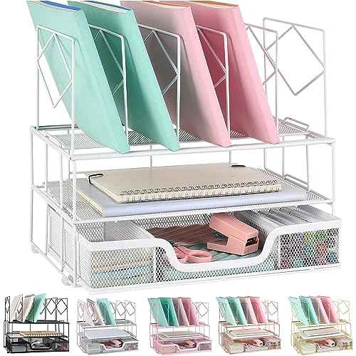 gianotter Desk Organizers and Accessories, Office Supplies Organizer with Sliding Drawer, Double Tray 5 Upright Section ?File Sorter (White)