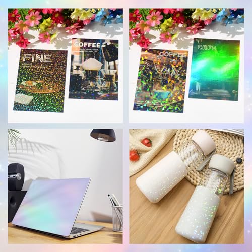 36 Sheets Holographic Sticker Paper - Clear Self-Adhesive Vinyl with Gem, Dot, Star, Colorful Patterns
