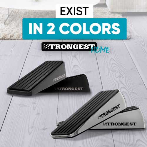 Strongest Home Heavy Duty Door Stopper Wedge (4 Chrome PCs) | Non-Slip Rubber and Metal Door Stop for Heavy Doors| Work on Wood, Tile, Carpet + 4 White Wall Protectors