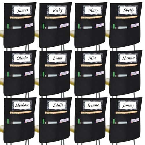 12 Pack Black Chair Pockets for Classrooms, Chair Pocket with 3 Heavy Duty Storage Pocket, Chair Back Buddy Pocket with Name Tag Slot, Ideal Back to School Supplies, Classroom Must Haves