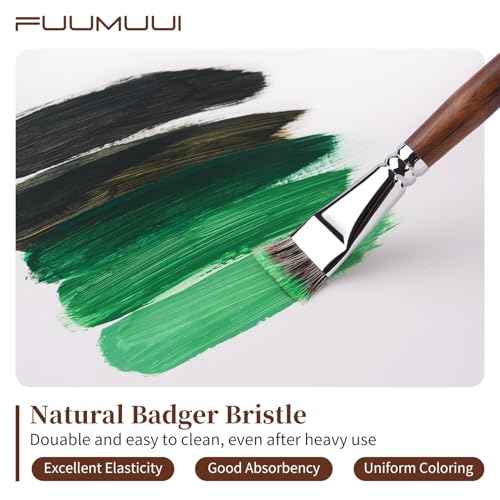 Fuumuui Professional Paint Brush Set, 4Pcs Natural Badger Hair with Flat Shape Blending Mop Oil Paint Brushes for Acrylic Painting Oil and Gouache