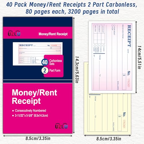 UZLU 40 Pack Rent & Money Receipt Books 2-Part Carbonless, Consecutive 6-Digit Nos, Wraparound Back Cover, 3-11/32 x 5-5/8, Landlord/Small Biz