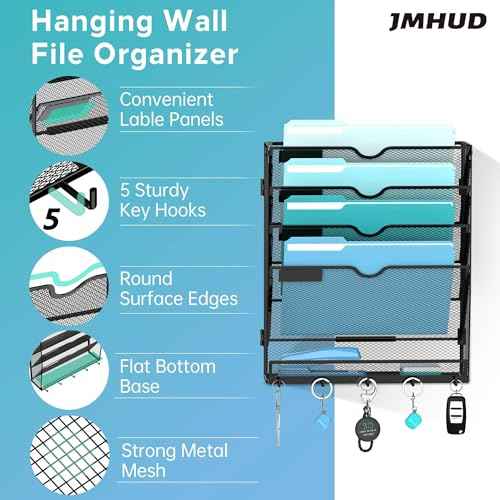 5 Tier Wall File Organizer - Hanging File Organizer with 5 Hooks, Mail Holder Wall Mounted for Papers, Folders, Magazines, Bills, Office&School Organization, Black