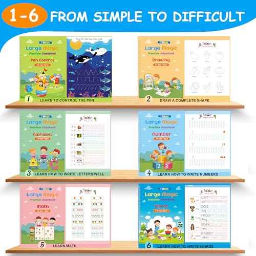 Large Magic Practice Copybook for Kids,Handwriting Grooved Practice Book 6 Pack with Pen Refill English Cursive Calligraphy Reusable Age 3-8£¨A4 Size£©