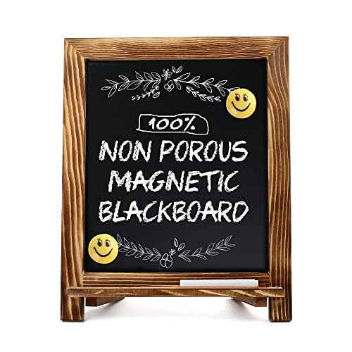 LotFancy 15"x12" Magnetic Chalk Board Sign, Small Wood Framed Tabletop Black Easel Chalkboard, Foldable Standing Ledge,1 White Chalk Pen 2 Magnets and Wall Hanging Kits Included,Rustic Brown