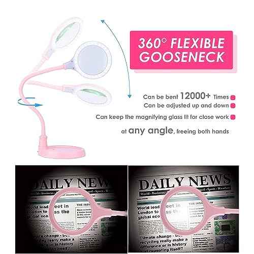 5X Magnifying Lamp with Light and Stand, Hands Free Desk Magnifying Light, LED Work Lamp for Women, Ladies, Kids Reading