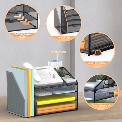 DocNest 4 Tier Paper Letter Tray File Organizer, Mesh Desk File with Handle, Workspace Desk Organizers with Pen Holder, Office Organization Storage Accessories - Black