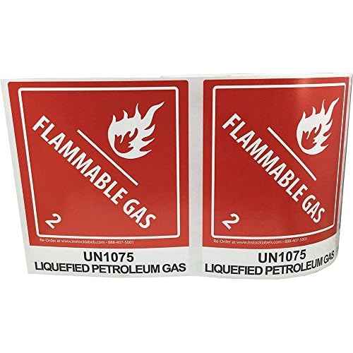 Hazard Class 2 D.O.T. UN1075 Liquified Petroleum Gas Flammable Gas Labels 4 x 4 3/4 Inch Square 500 Adhesive Labels