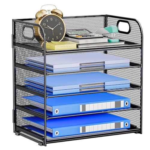 Paper Organizer Letter Tray with Handle Mesh 5 Trays Desk File Organizer Paper Sorter Desk Organizer for Office, Home or School-Black