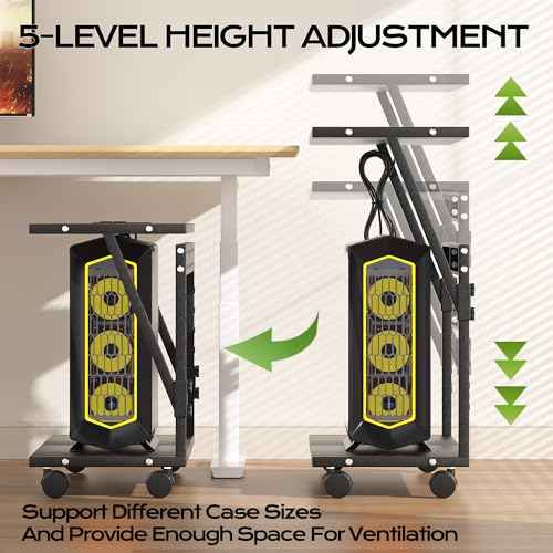 24In Large PC Stand, 5 Levels Height Adjustable Computer Tower Stand with Charging Station, Wheels and Hooks, CPU Holder Cart for Floor, Carpet and Under Desk, Easy Assembly£¨with Power Strips£©