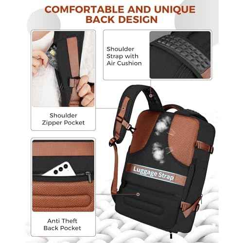 Vancropak 40L Travel Backpack for Women & Men, Large Expandable Carry on Backpack for Airplanes with 3 Packing Cubes, Airline Approved Water Resistant Anti Theft Travel Bag fit 17" Laptop, Black Brown