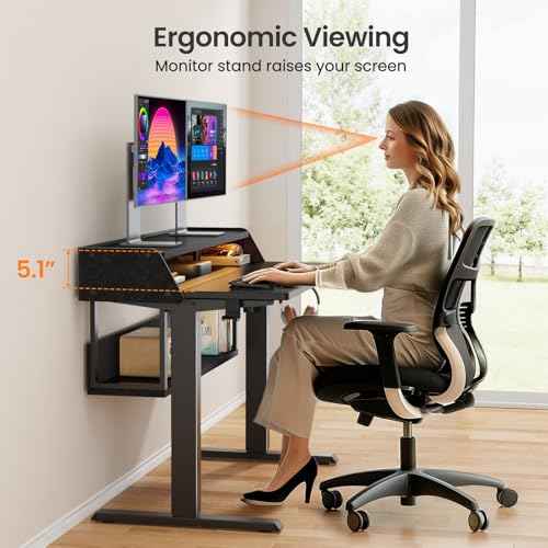ErGear Standing Desk, 48" x 24" Electric Height Adjustable Desk with Storage Shelves, C-Clamp Mount Compatible Gaming Desk, Ergonomic Sit Stand Up Down Computer Table with LED Light for Home, Black
