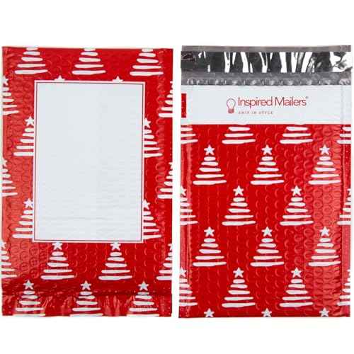 Bubble Mailers 6x9" - Red Christmas Trees with Writable Area - 25 Pack - Holiday Poly Padded Envelopes and Bubble Shipping Mailers