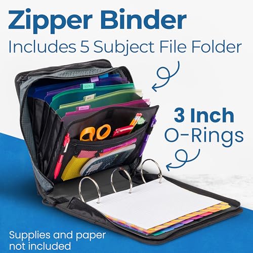 Case-it Jet Black 3-Inch Zipper Binder with 600-Sheet Capacity and 5-Tab Expanding Folder - 1 Pack
