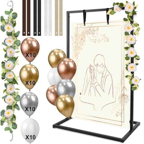 Wedding Welcome Sign Holder, Detachable Welcome To Our Wedding Sign Stand with Balloons, Sign Hanging Straps, Eucalyptus Rose Vines, Easel Stand for Sign, Wedding Seating Chart Stand, Poster(Black)
