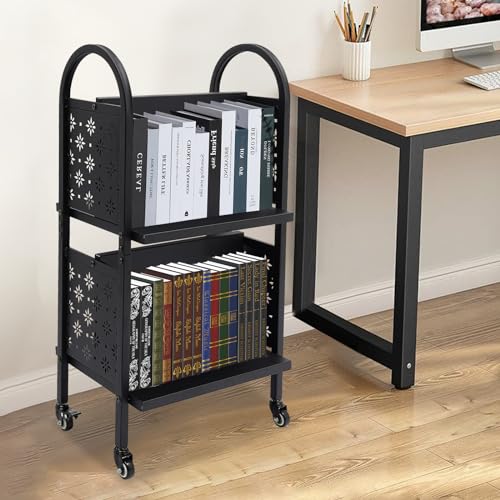 CeRaBuRET Black Rolling Book Cart | 2-Tier Moveable Library Cart with 2 Lockable Wheels, 34in Tall