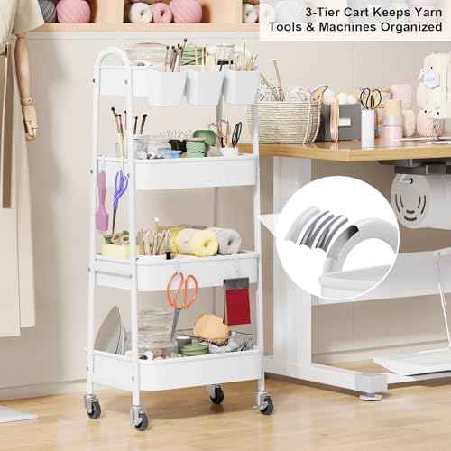 4 Tier Heavy Duty White Metal Rolling Cart with Lockable Wheels,Utility Storage Organizer Carts, Four Tier Roller Book Snack Cart for Kitchen, Bathroom, Garage, Baby Diaper, Craft, Art, Teacher