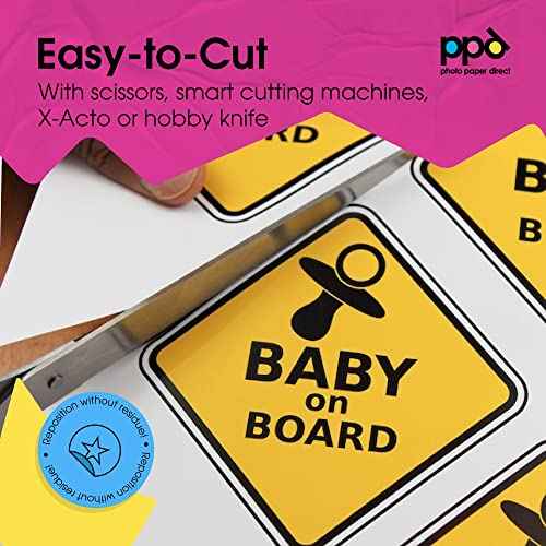 PPD Premium Printable Vinyl Sticker Paper for Inkjet Printer - 50 Sheets Glossy Sticker Paper 8.5 x 11 - Self-Adhesive, Waterproof, Tear Resistant, Instant Dry - PPD-36-50