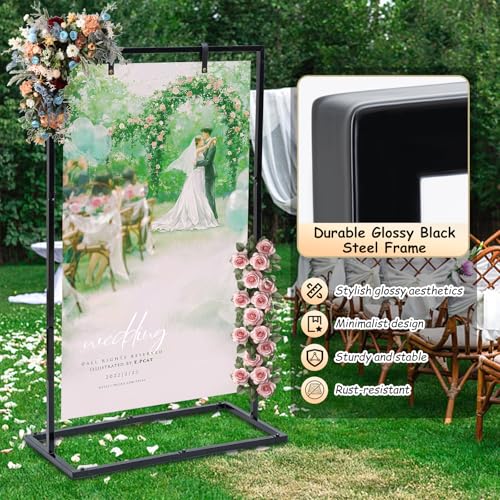 Elegant Wedding Sign Stand & Holder£¬Black Heavy Duty Metal Wedding Welcome Sign Stand for Reception£¬Welcome to Our Wedding Hanging Sign Stand - Perfect for Seating Chart, Posters, and Decor