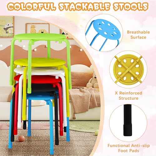 VECELO Stackable Stools for Classroom, 12" Height Plastic Portable Stacking Stool Chairs with Non-Slip Foot Mats for School Daycare Kindergarten Living Room (6 Pack)