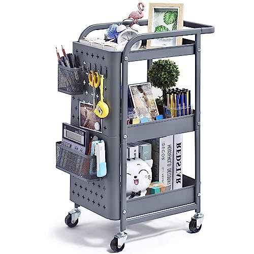 KINGRACK 3-Tier Rolling Cart, Metal Utility Cart with Pegboard, Storage Trolley Organizer Serving Cart with Handle and Extra Baskets Hooks for Kitchen Office Teacher Classroom, Grey