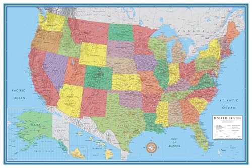 24x36 Laminated World & USA Map Set - 3D Terrain Relief, Dry-Erase, Premier