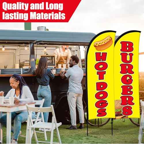 Buryeah 2 Sets Hot Dogs Burgers Feather Flag Banner Kit for Business Advertising 8 ft Swooper Flag with Pole Ground Stake Portable Bag Outside Hot Dog Sign for Restaurant Advertising Business (Yellow)