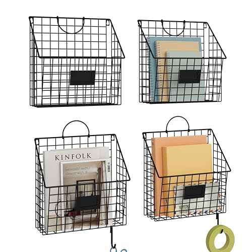 Hanging Wall File Holder Organizer Metal Wall Mount File Folders Holder Magazine Rack with Handles and Hooks , for Home Office, 4 Packs, Black (Patent Pending)