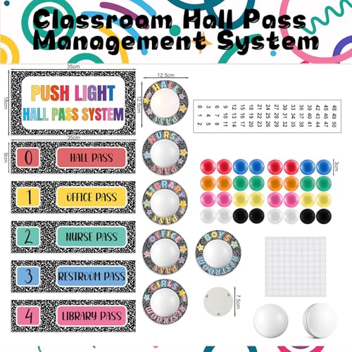 VIHOSE Classroom Hall Pass Set with Push Light, 6 Composition Notebook Design, Organizer Kit for Teachers & Students