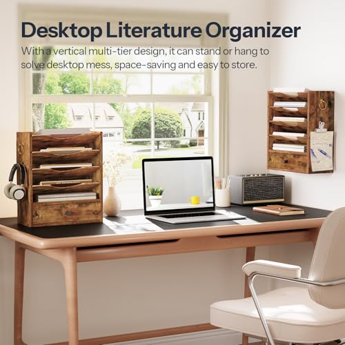 HOOBRO Wall File Organizer, Mail Organizer Wall Mounted, Wooden Literature Organizer, Construction Paper Organizer with Drawer Storage and 2 Hooks, for Office, Classroom, Home, Rustic Brown FG14WF01