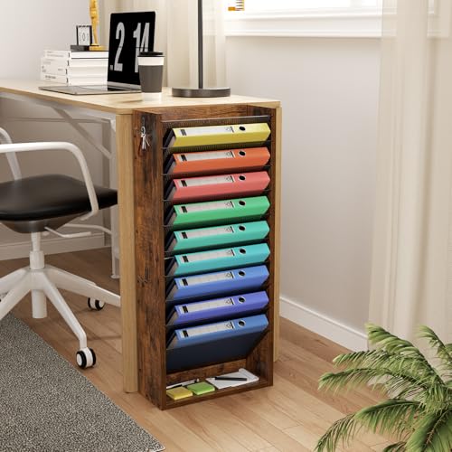 Hanging Wall File Organizer, 11 Tier Wood Wall File Holder with 4 Hooks, Mail Organizer Wall Mounted with Bottom Flat Tray, Vertical Paper Desk Storage for Office, Home, Rustic Brown