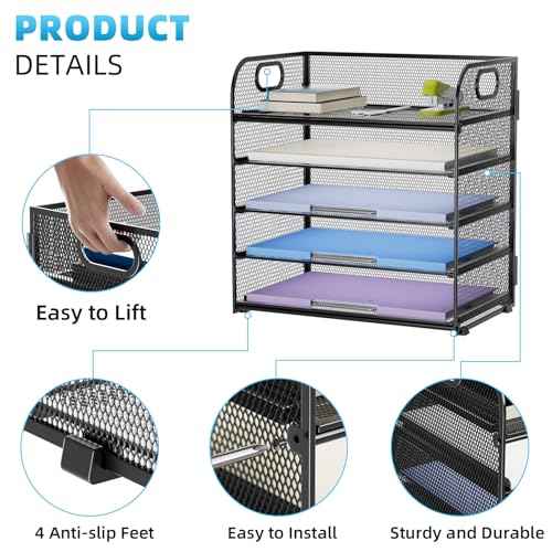 Marbrasse 5 Tier Paper Organizer Letter Tray, Mesh Desk File Organizer with Handle, Paper Sorter Desk Organizer for Home Office Supplies(Black)