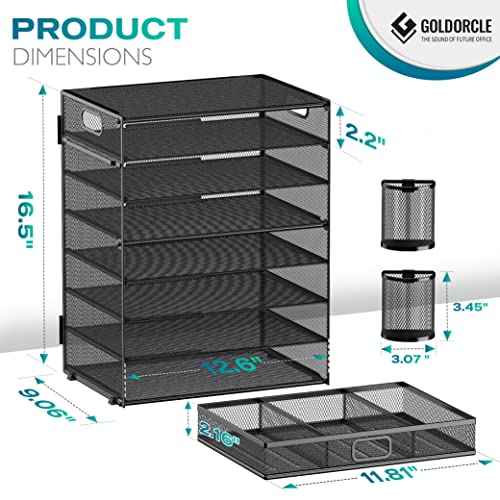 8 Tier Paper Letter Tray Organizer with Drawer & 2 Pen Holders, Mesh Desk File Holder Storage Organization for Home School Classroom & Office