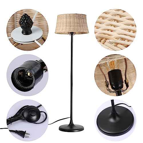 Rattan Industrial Floor Standing Lighting with Pedal Black Cord Wicker Lampshade E26 Lamps Fixture Lights for Bedroom Living Room Reading Room Studio